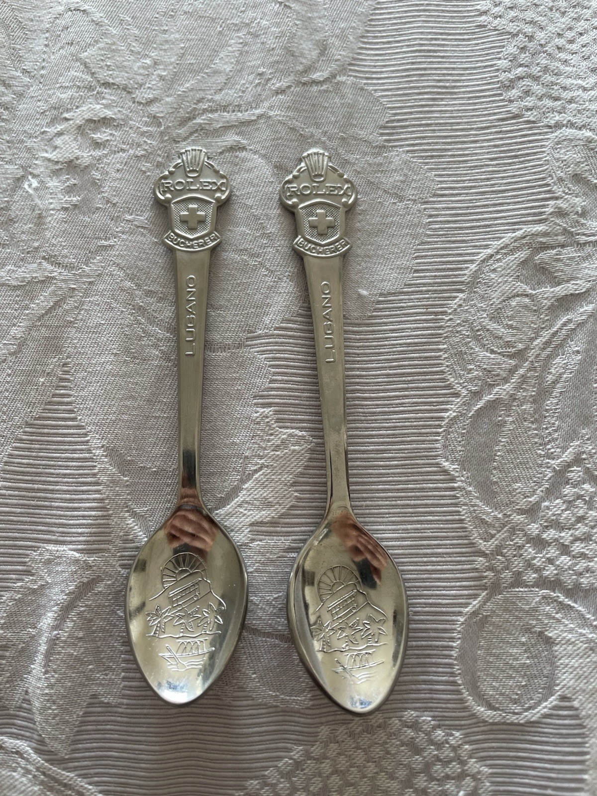 Rolex 2x Lugano Switzerland Souvenir Spoons Silver Metal Bucherer