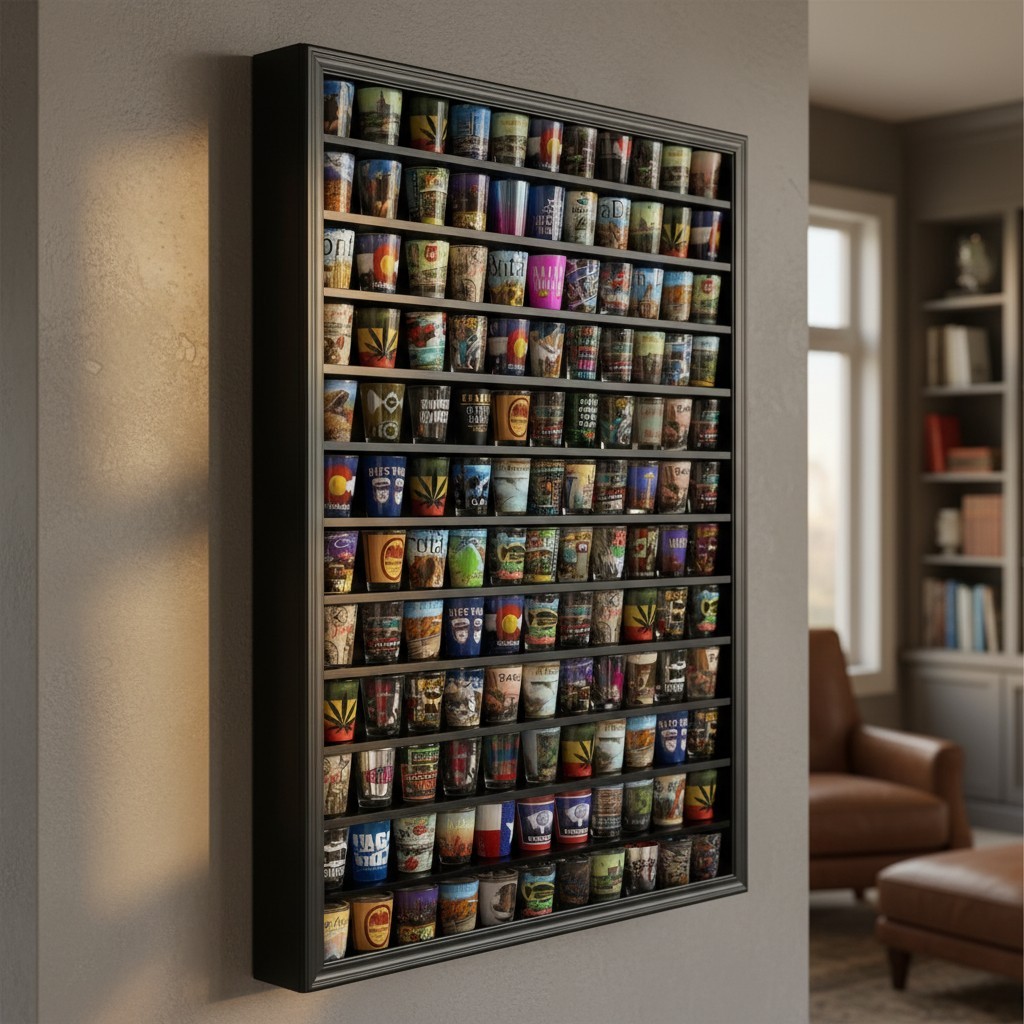 Elegant Wall-Mounted 144 Shot Glass Display Case with Lockable UV Protected Door