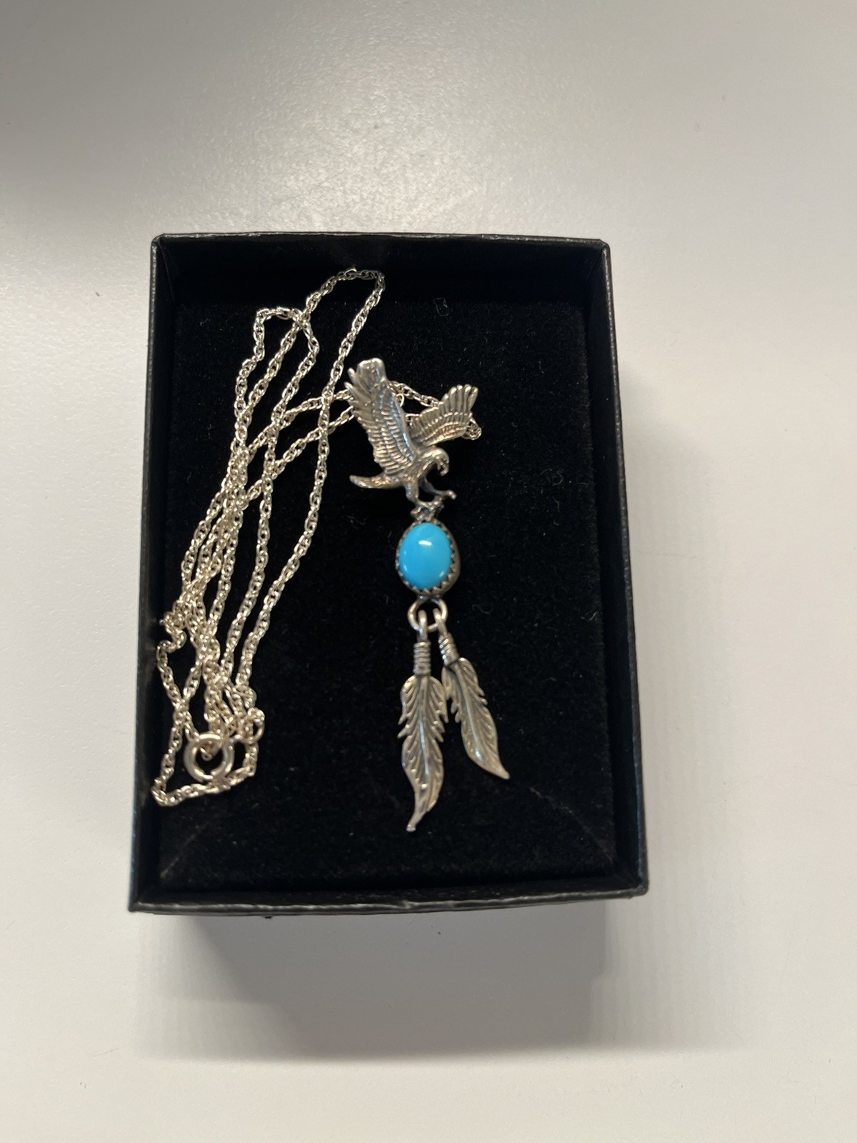 Navajo Handcrafts Sterling Silver Turquoise Eagle Pendant Necklace Running Bear
