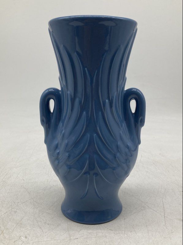 Vintage 1966 Haeger Royal Blue Pottery Double Swan Feather Art Deco Vase Vessel