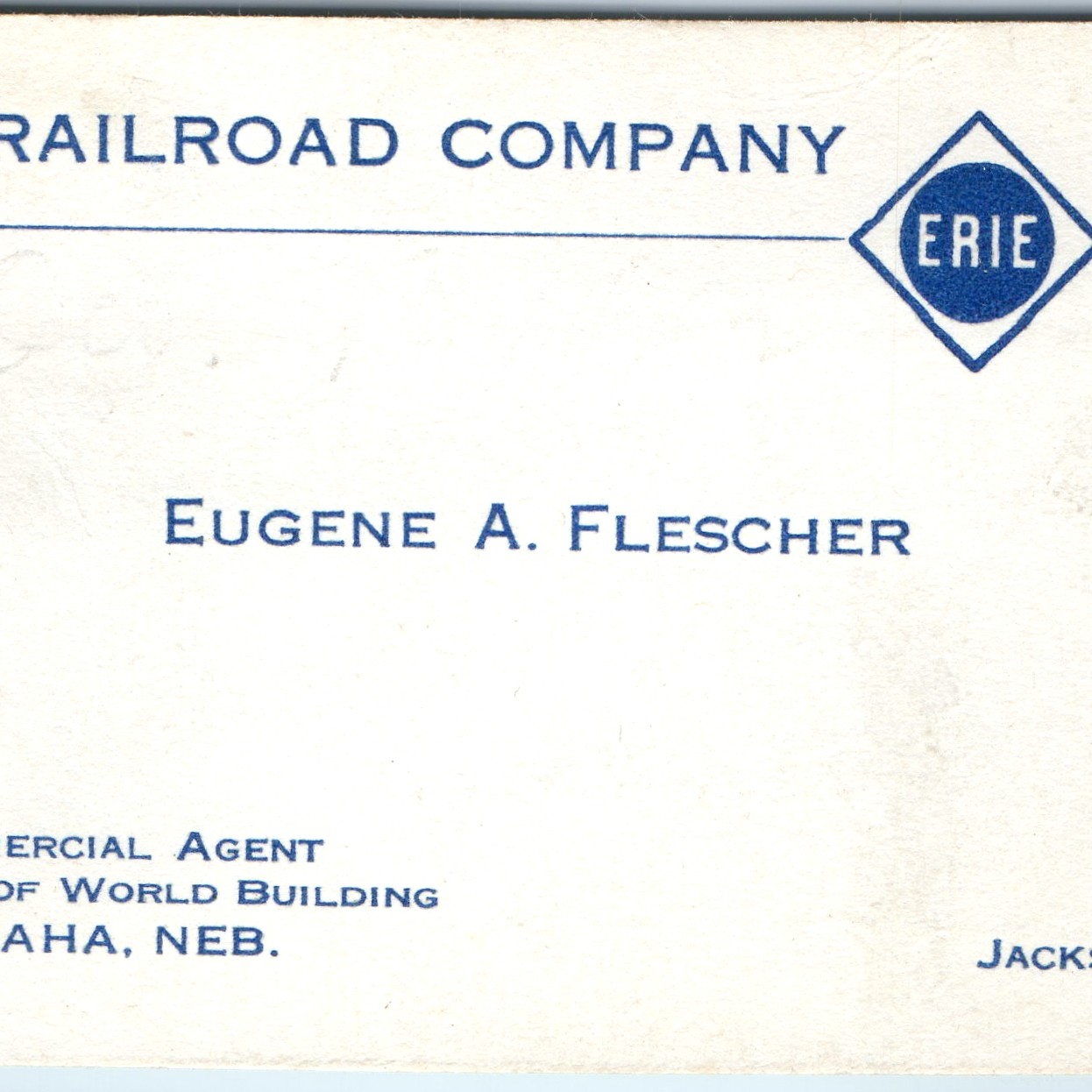 c1940s Erie Railroad Co Business Card Eugene Flescher Omaha NE Woodmen Building
