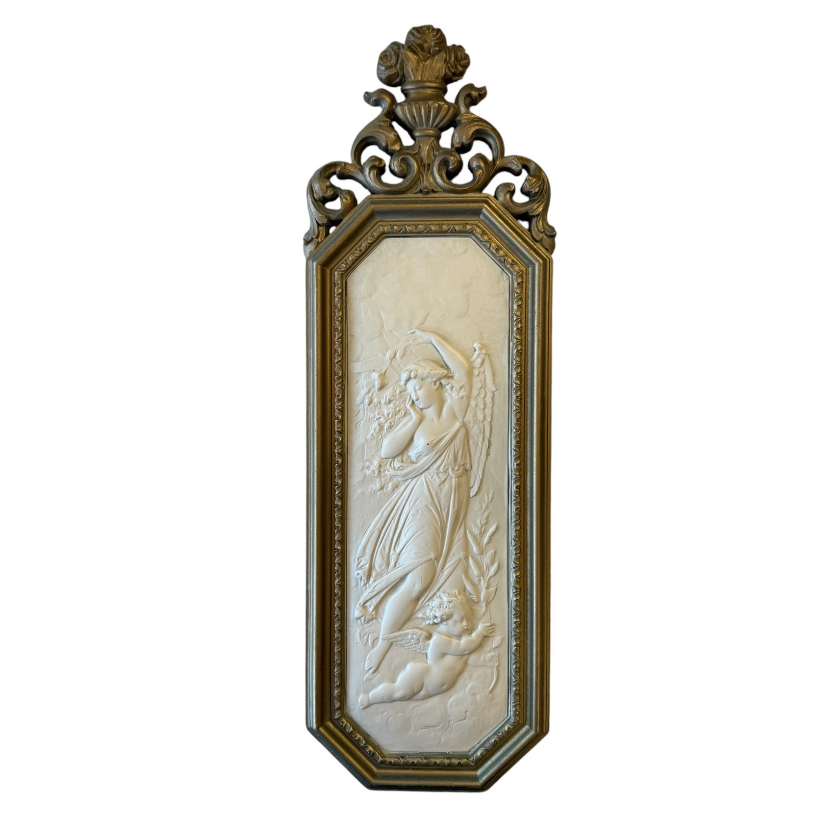 Vintage 1967 Homco Dart Angel Cherub Wall Plaque Gold Frame Relief 16.5 x 5.5