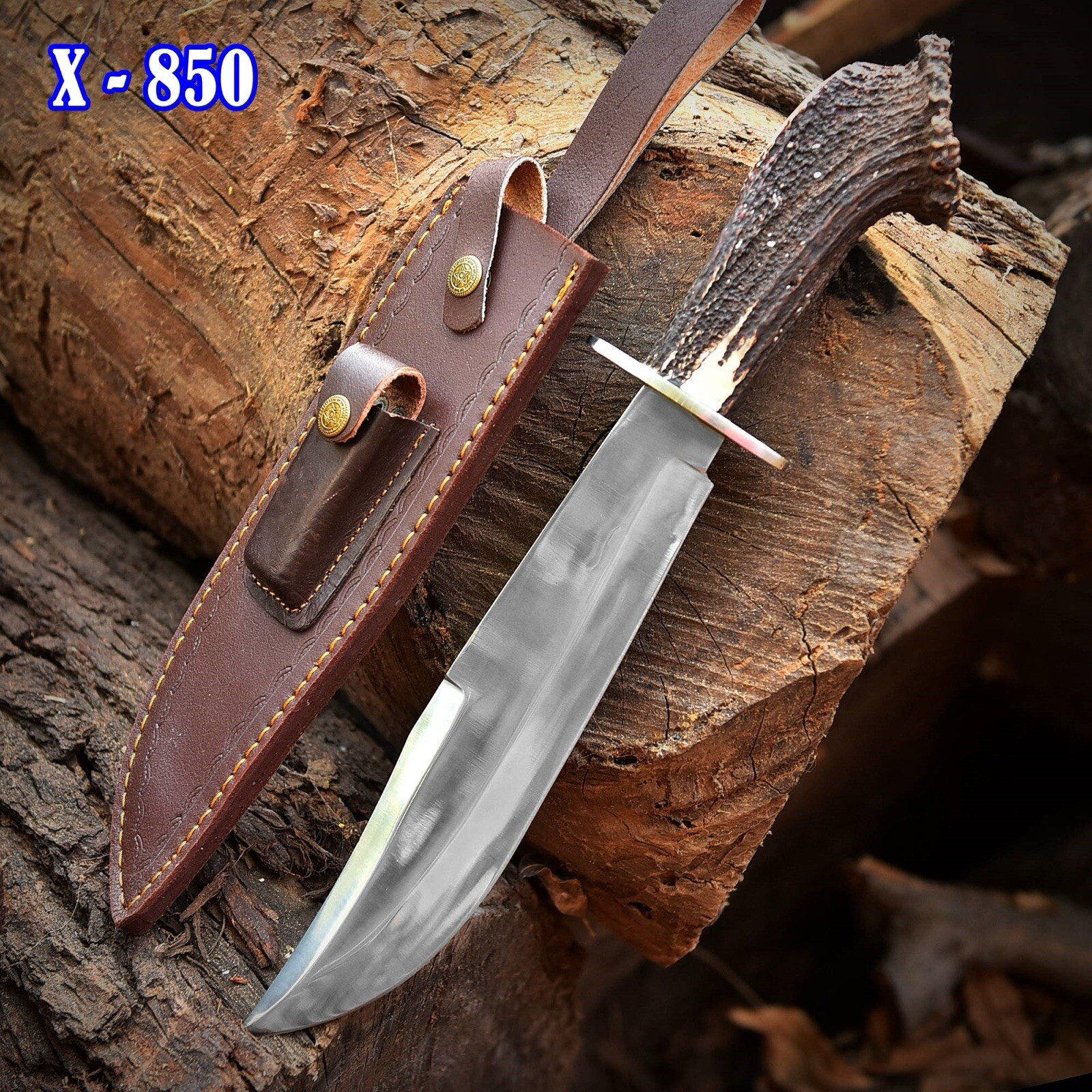 16”Premium Forged Steel Hunting Bowie Knife Crown Stag Antler Handle With Sheath