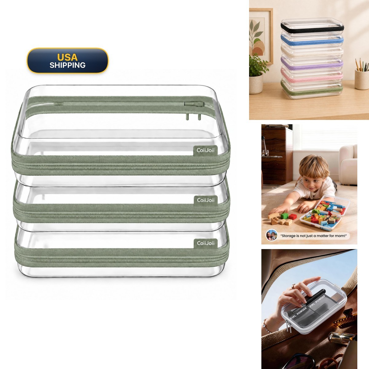CooiiJoii 3PCS Large Clear Hard Shell Zippered Case Organizer Pouches - Green