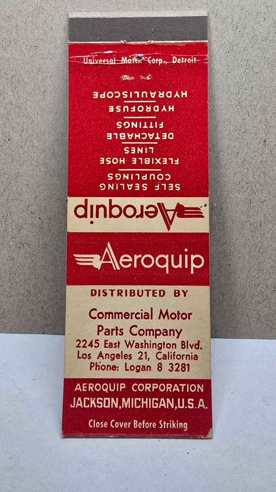 Vintage Matchbook Cover Aeroquip Jackson Michigan Los Angeles Parts Co Blue Red