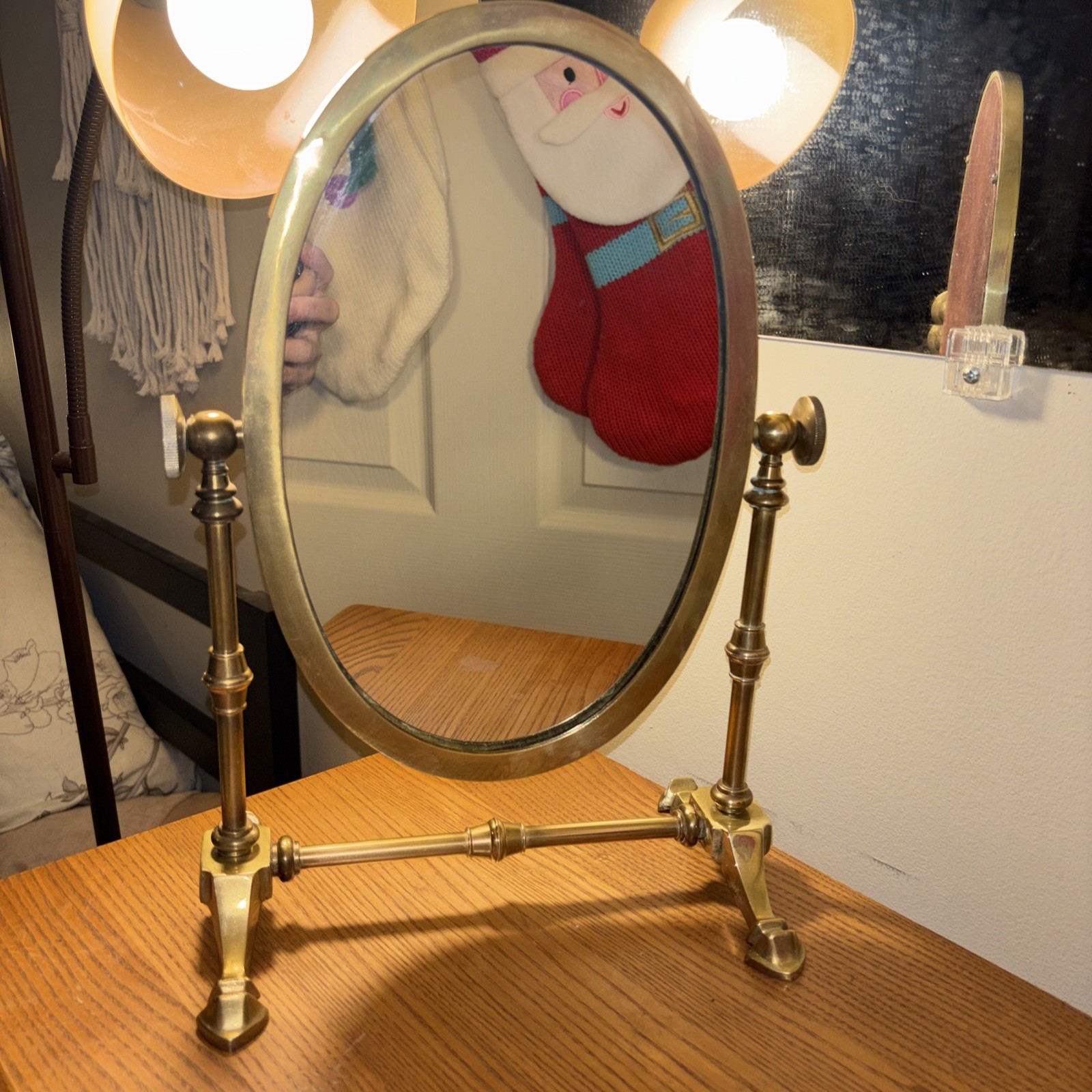 Vintage SOLID BRASS Tabletop Vanity Mirror Swivels Tilting Free Standing Heavy