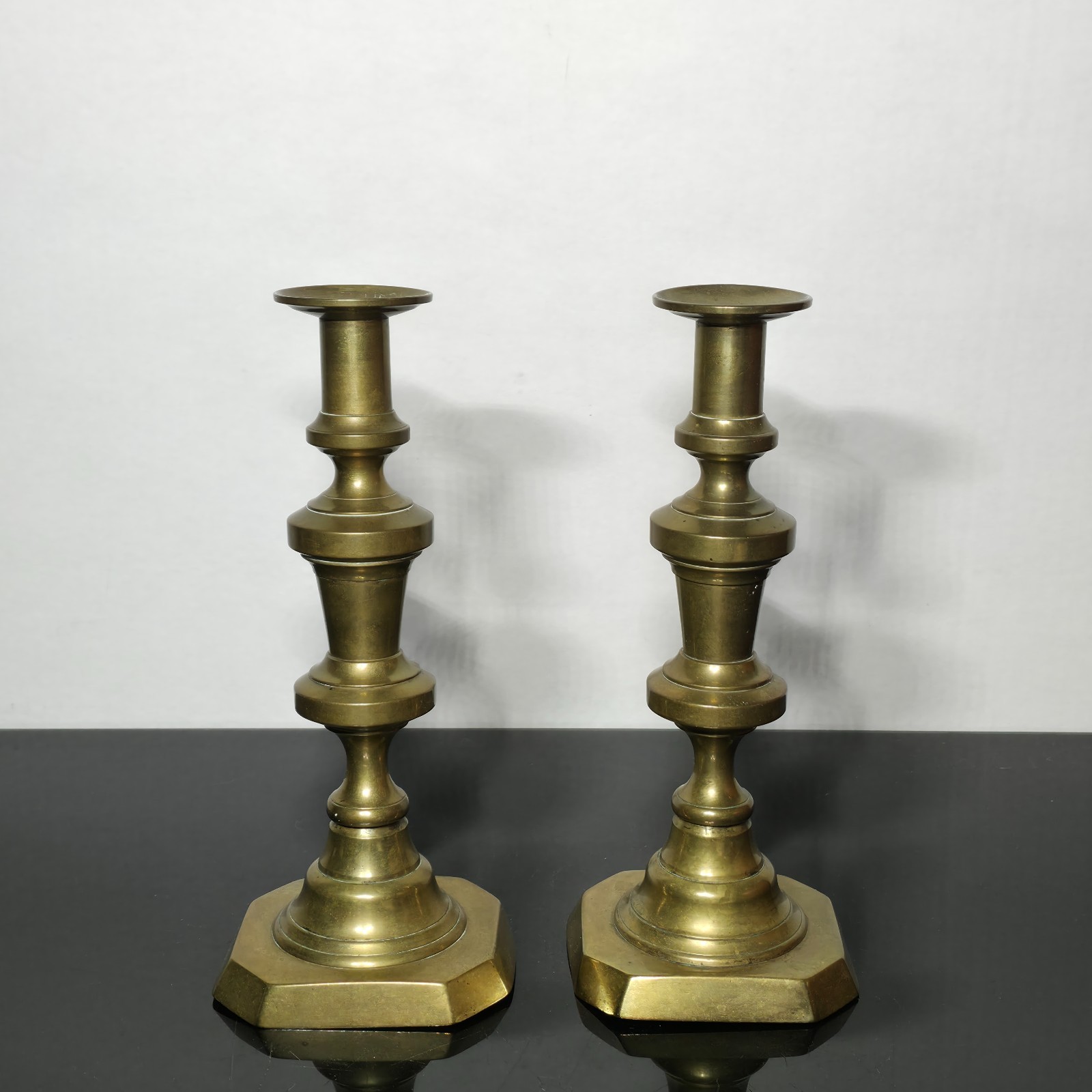 Pair Antique English Brass Candlesticks Push Ejectors Early Victorian c1850 10\