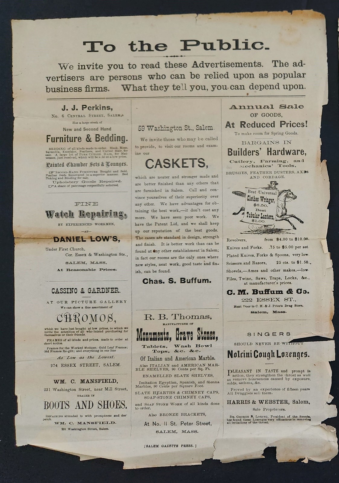 1800s antique SALEM MASSACHUSETTS BROADSIDE ad CASKETS GRAVE STONES HARDWARE MED