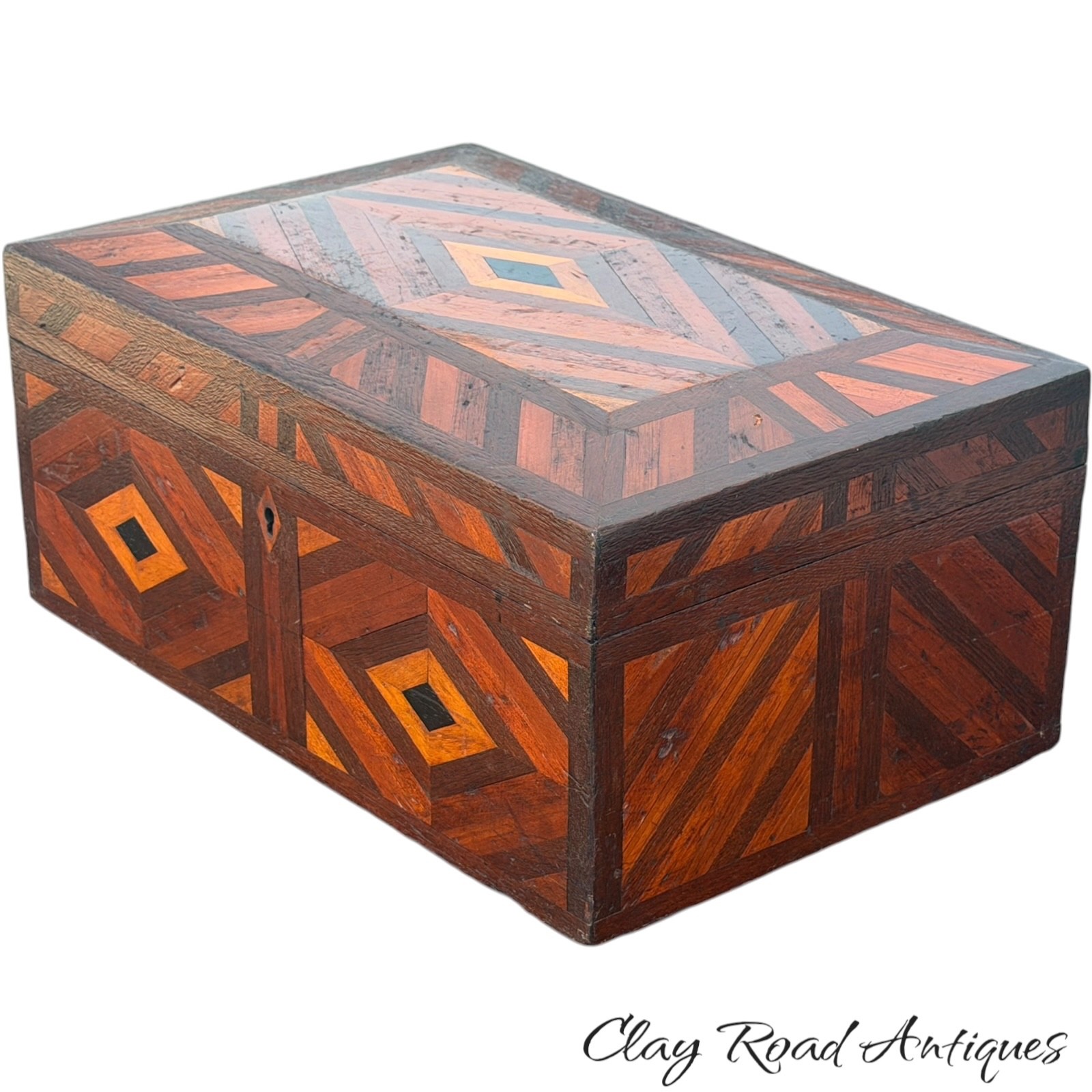 Antique 19th C Folk Art Geometric Parquetry Inlaid Wood Document Box Chest