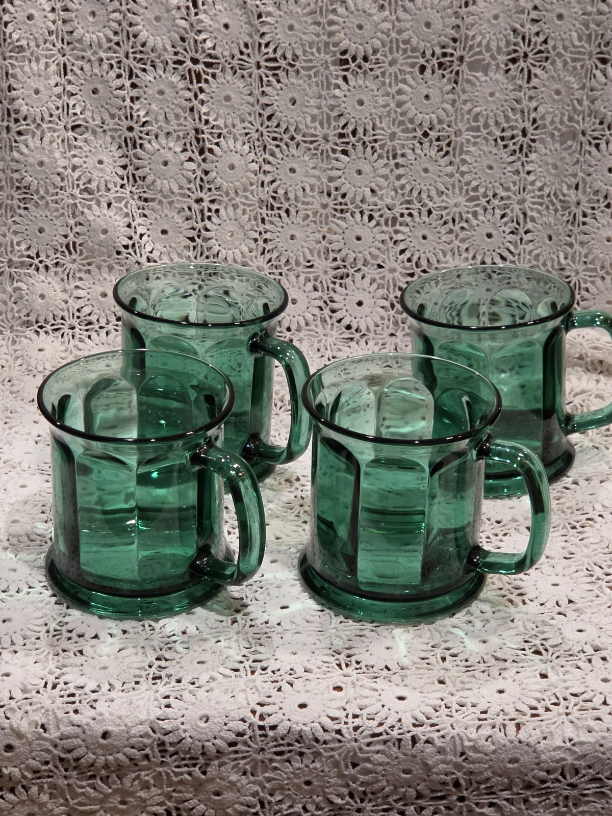 Vtg Set Of 4 Culver Green Glass Mug Faceted Flared Rim Emerald~USA Mid-century4\
