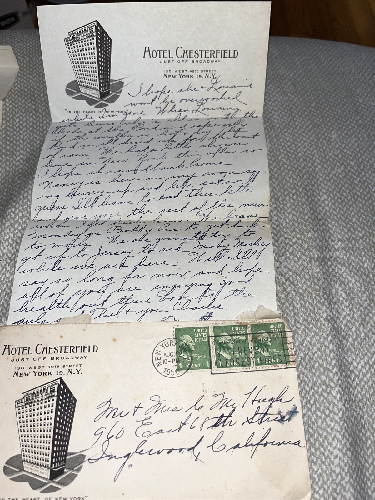 Antique 1950 Letter Hotel Chesterfield Off Broadway New York City NY NYC W 149th