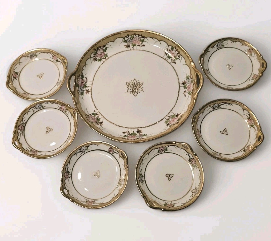 Antique Nippon Moriage Plate Set 7pc Hand Painted Pink Roses Gold Encrusted 1911