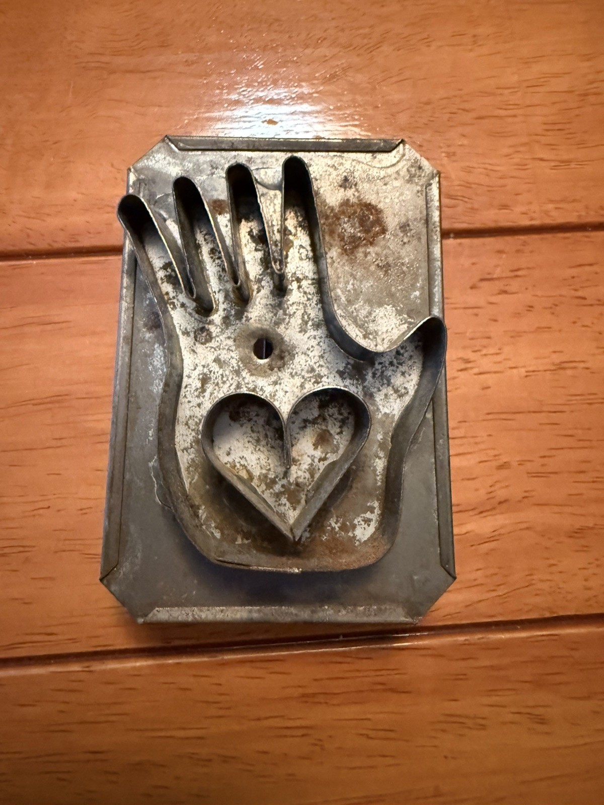 Antique Heart In Hand Soldered Tin Cookie Cutter with Handle Penn Dutch Style
