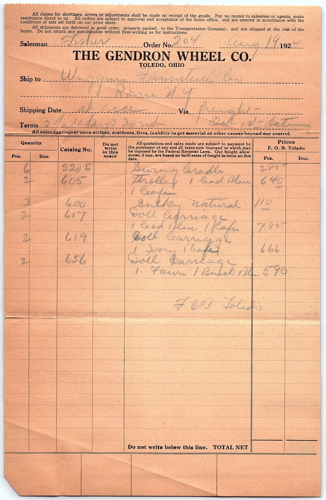 1920s Gendron Wheel Co. Doll & Toy Invoice, Toledo OH