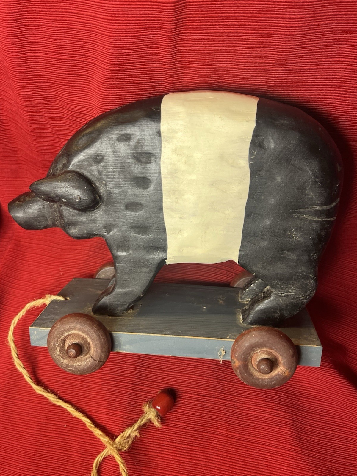 Country Pull Toy Pig Hog Folk Art Wooden Primitive Rustic Black Tan