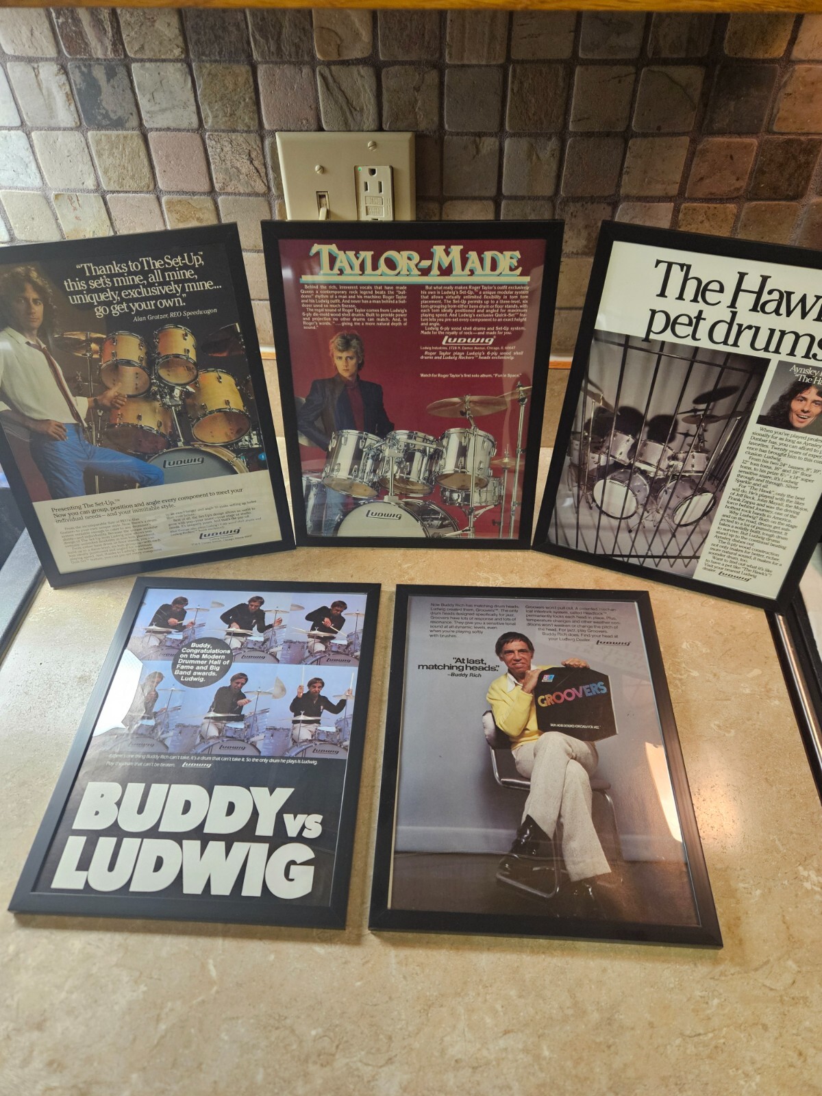 5 Modern Drummer Magazine Ads Vintage 1980s – Ludwig, Tama, Buddy Rich – Framed