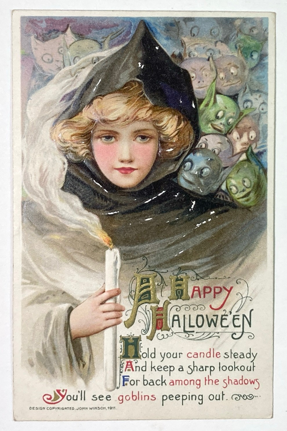 Antique Vintage Halloween Postcard Winsch, Schmucker Lady with Goblins & Candle
