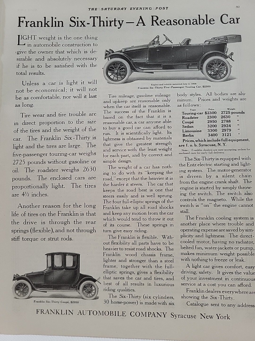 1914 Franklin Automobile Company Six-30 Saturday Evening Post Print Ad Syracuse