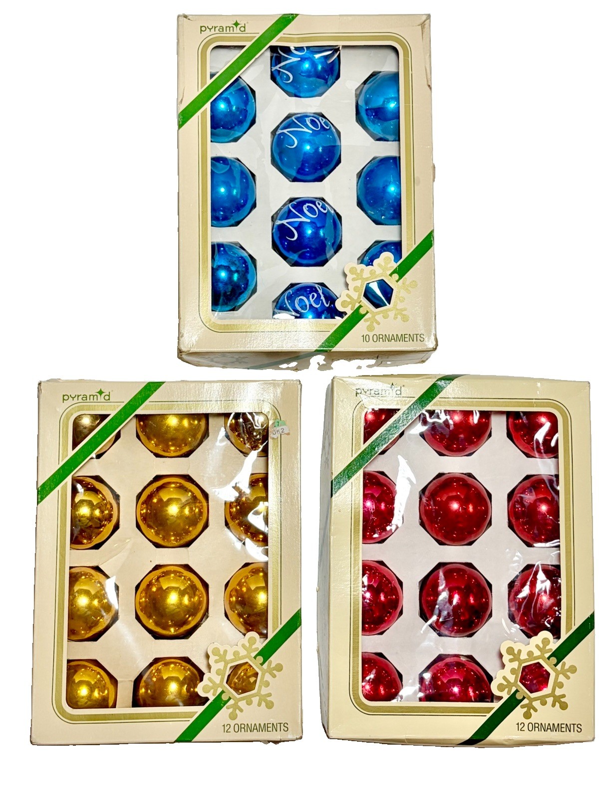 Set/34 VTG Pyramid Rauch Christmas Ornaments Round Glass Blue Gold Red 1.75”