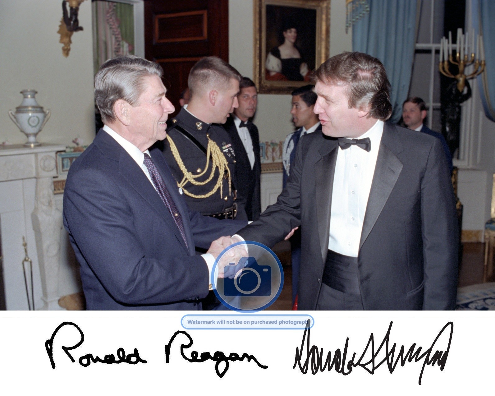 PRESIDENT DONALD TRUMP & RONALD REAGAN SHAKING HANDS AUTOGRAPHED 8X10 PHOTOGRAPH