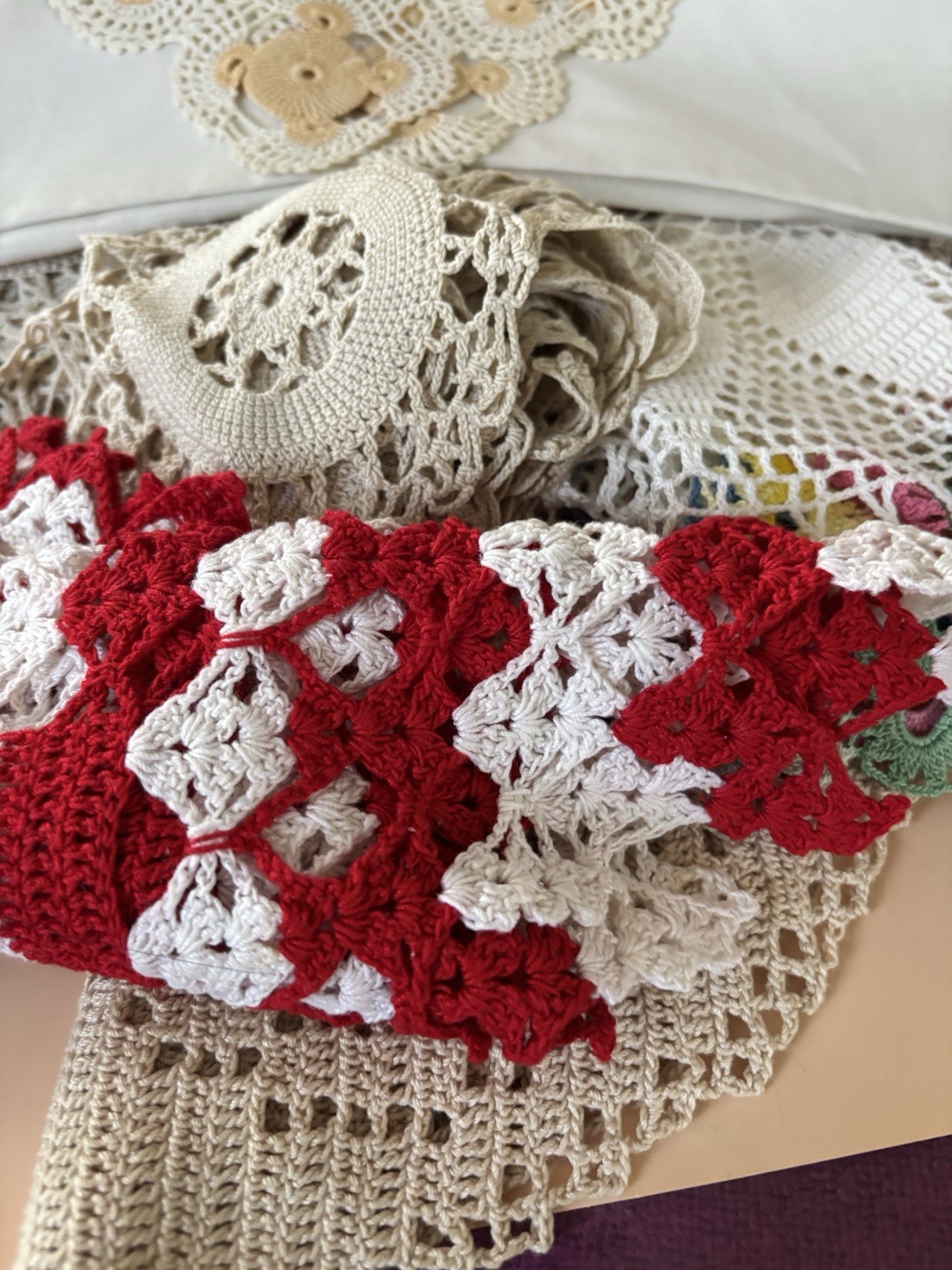 Estate Vintage Hand Crochet Dollies Colorful Lot of 5