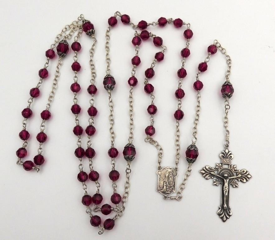 Vintage Sterling Silver Rosary Czech Ruby Crystal Beads 39