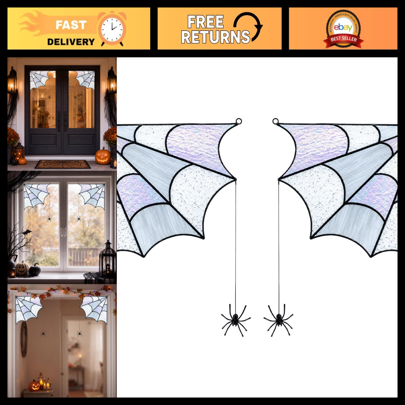 1 Pair Halloween Stained Glass Window Door Corner Panel, 6.7 in