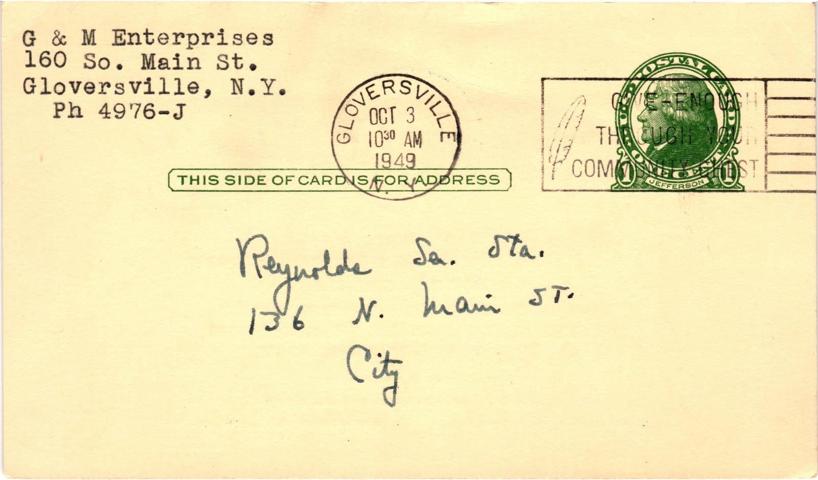 1949 Wynn\'s Friction Proofing Oil Advertising Postal Card Gloversville NY