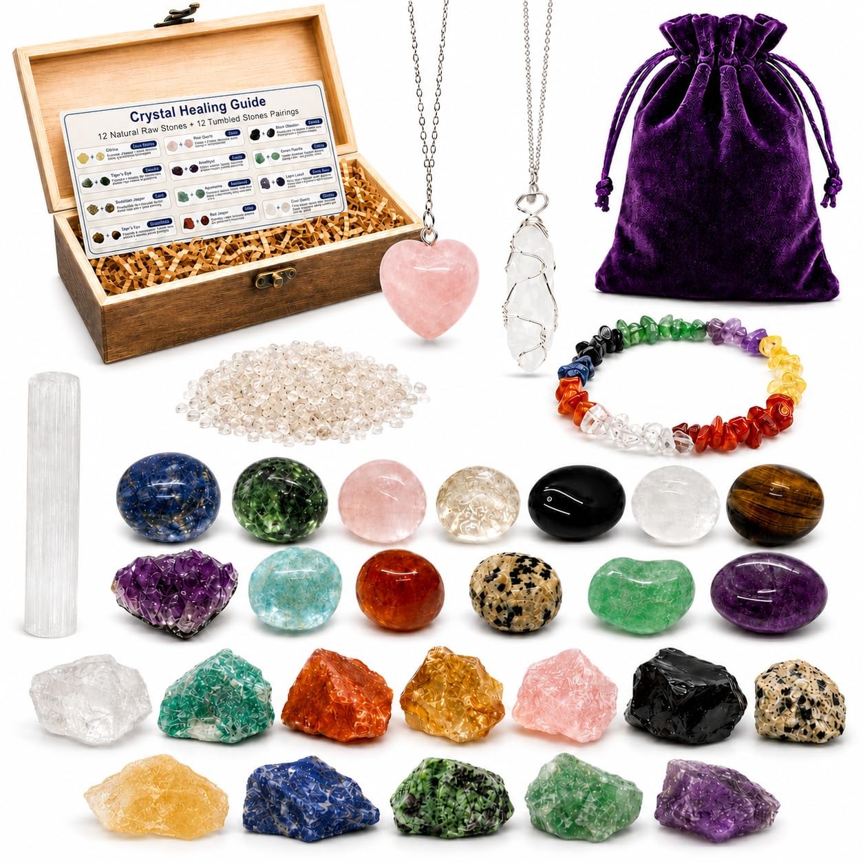 30 PCS Crystals and Healing Stones Set, Crystal Kit in Wooden Gift Box