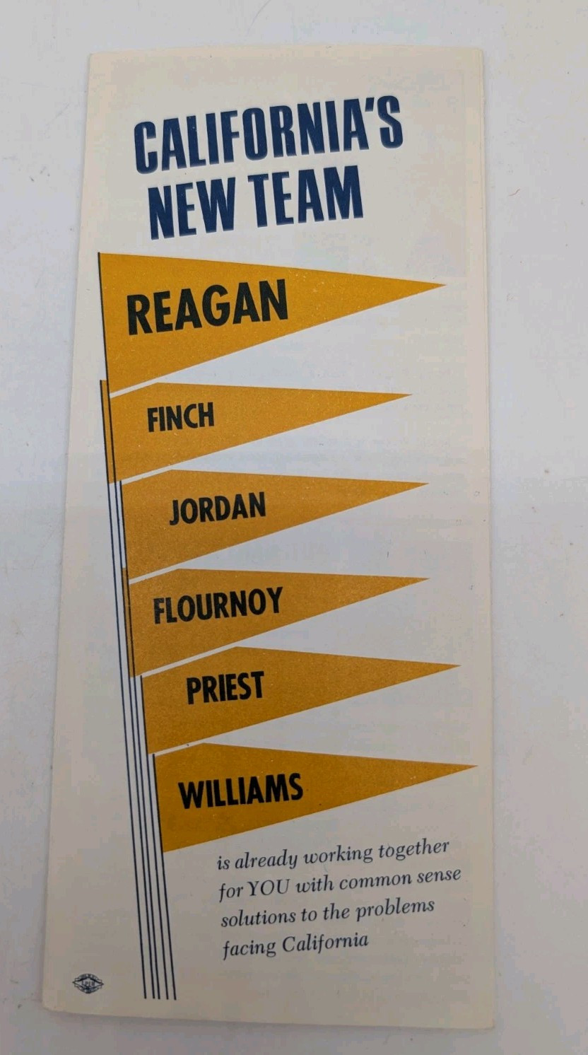 Vtg 1966 Ronald Reagan for Governor California\'s New Team Flyer Pamphlet 1960s