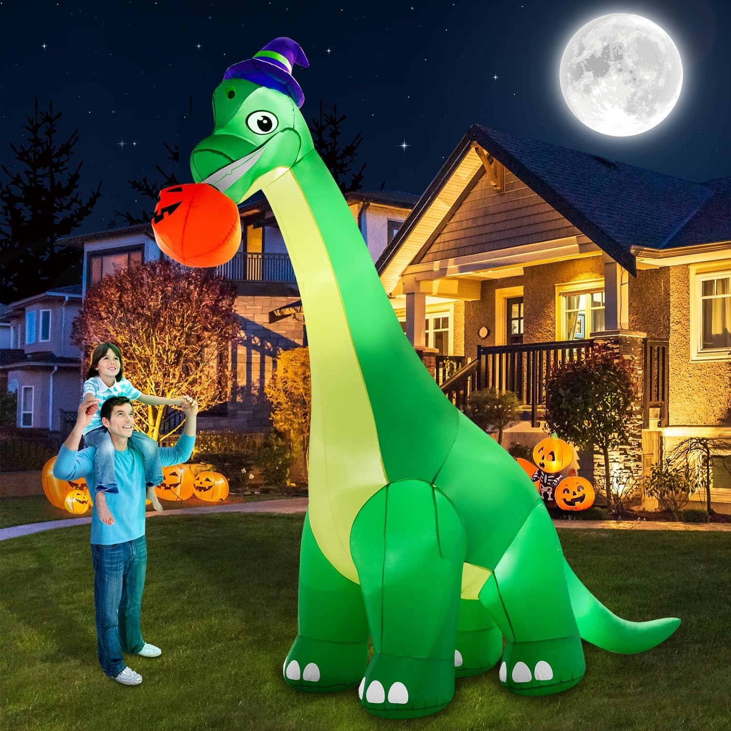 13Ft Giant Halloween Dinosaur Inflatable Decorations, Bite Large Pumpkin with Wi