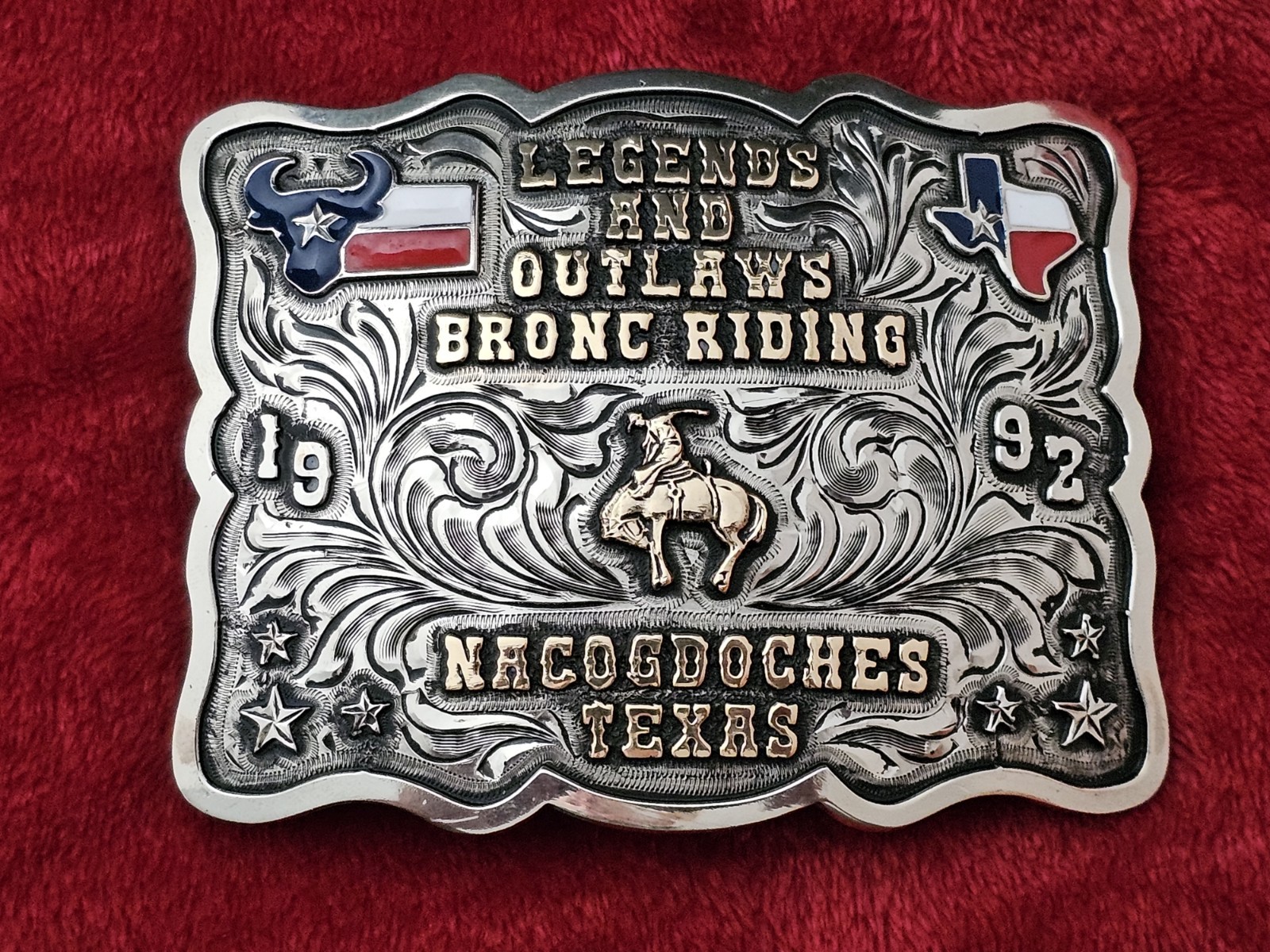 Bronc Riding X~Treme Rodeo Champion☆TROPHY BUCKLE☆Nacogdoches Tex☆1992☆Rare☆T19