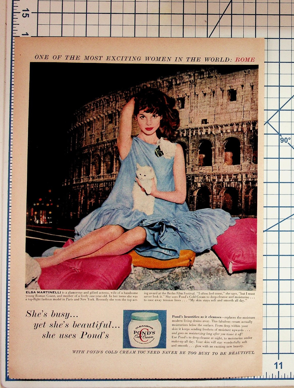 Elsa Martinelli Pond\'s Cold Cream Vintage 1960s Magazine Ad Rome Colosseum Cat