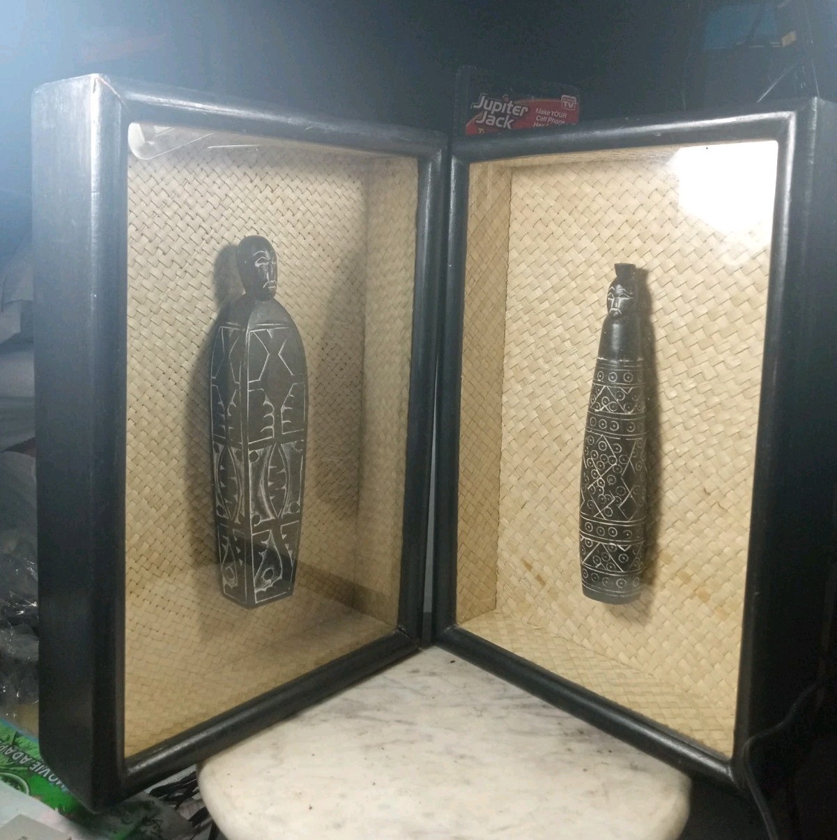 Vintage African Hand Carved Statues in Shadow Box