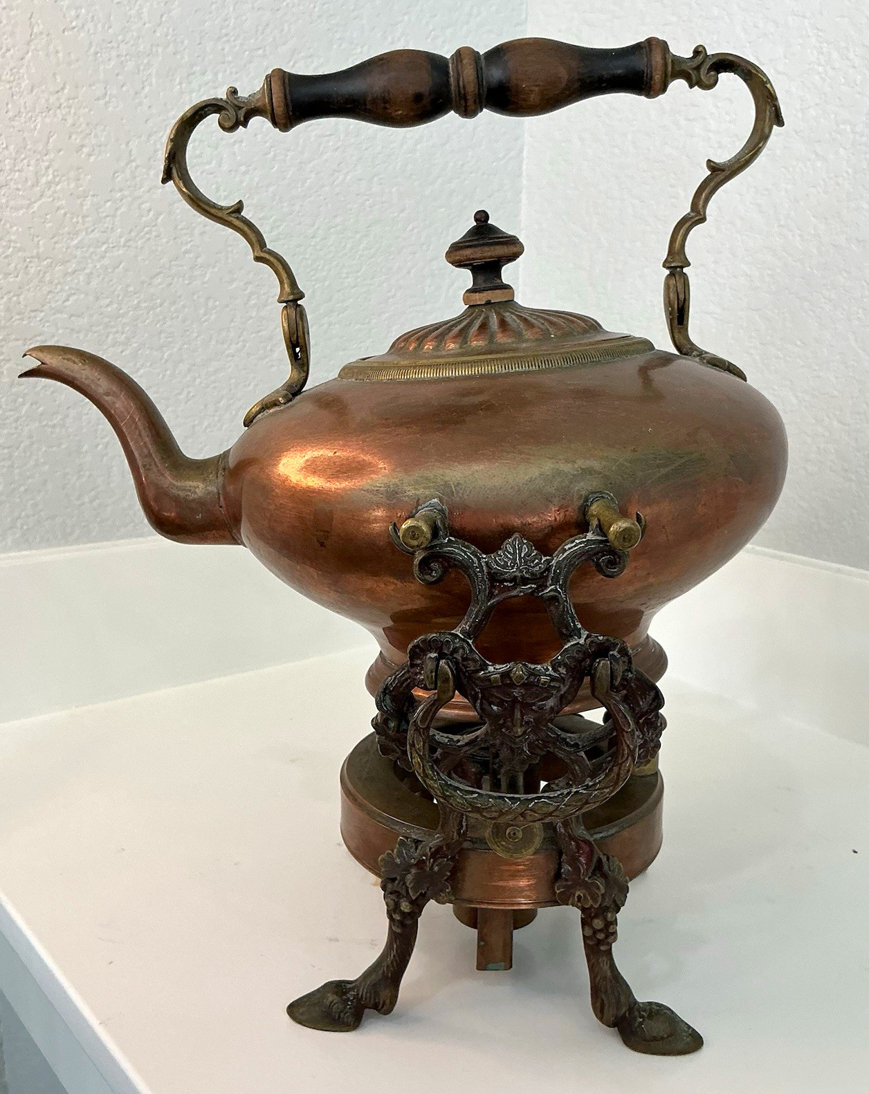 Vintage Copper Tea Kettle w/ Lid & Ornate Warming Stand Burner, Round