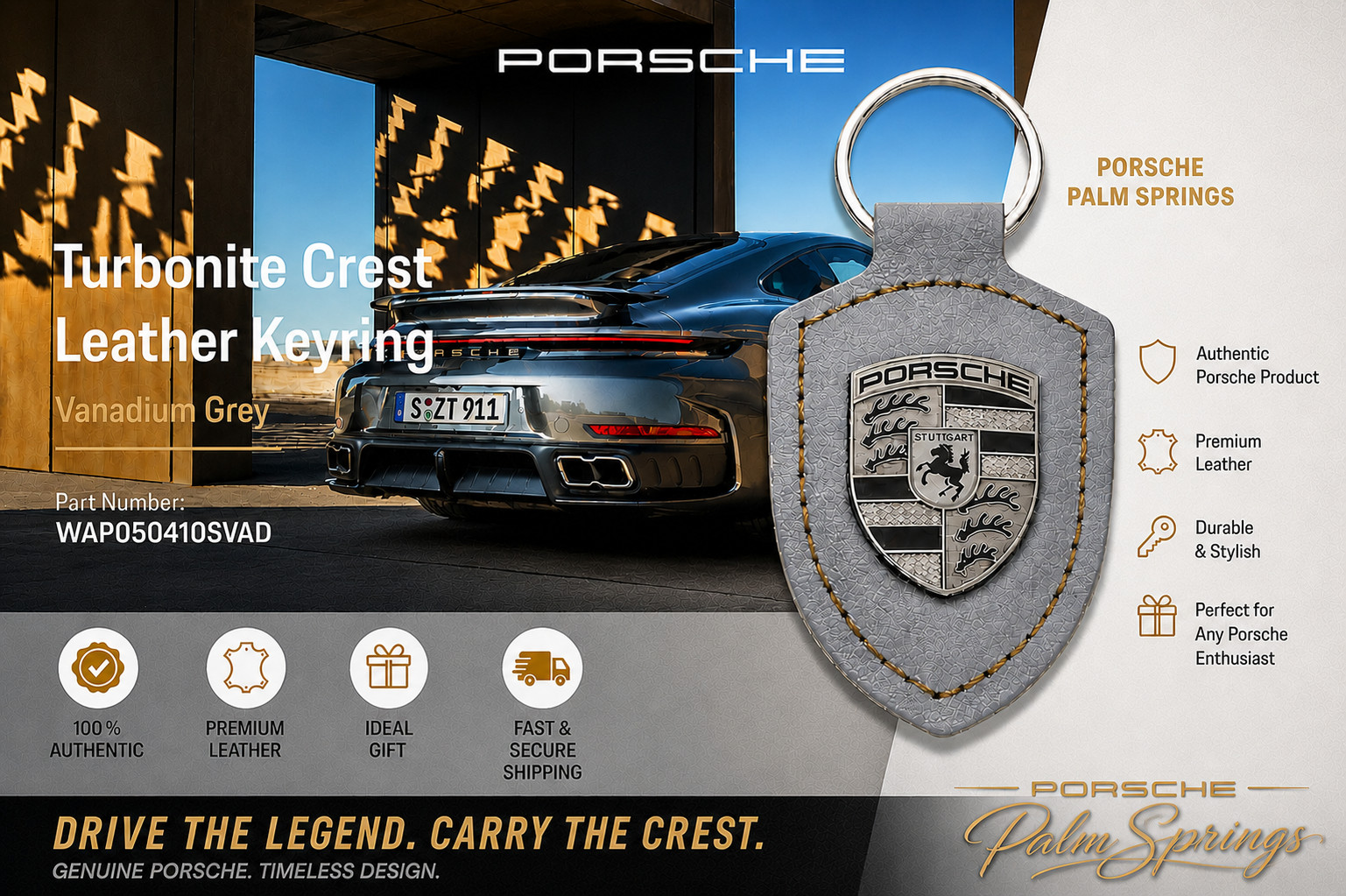 Porsche Turbonite Crest Keyring Vanadium Grey Leather Key Chain WAP0500410SVAD