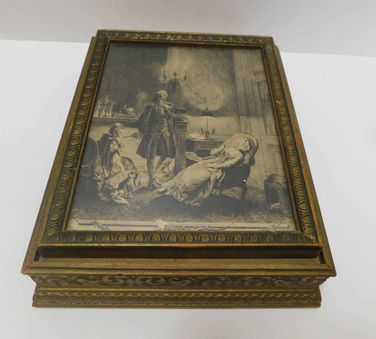 Antq. Victorian Print Mirrored Wooden Jewelry, Trinket,  (Hurd's) Stationary Box