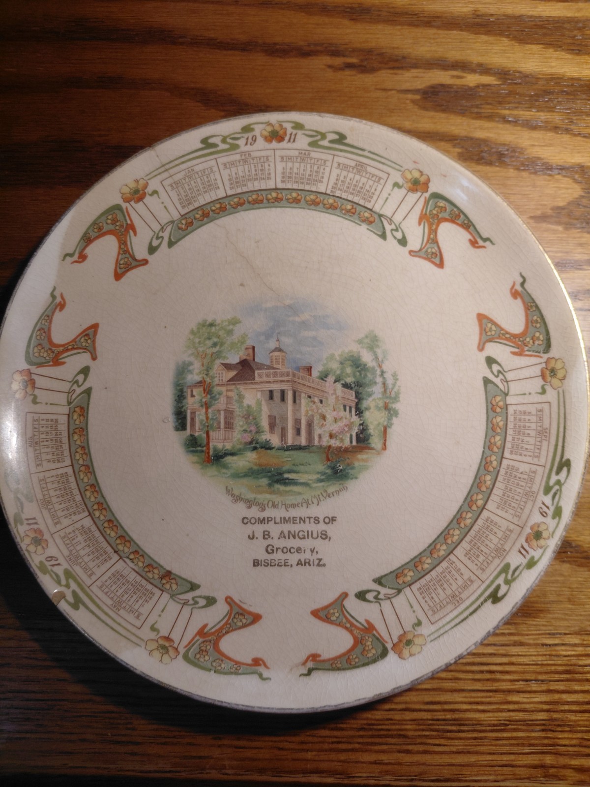 Calender Plate 1911 Bisbee Arizona With Picture Of Washington's Old Home Mt. Ver
