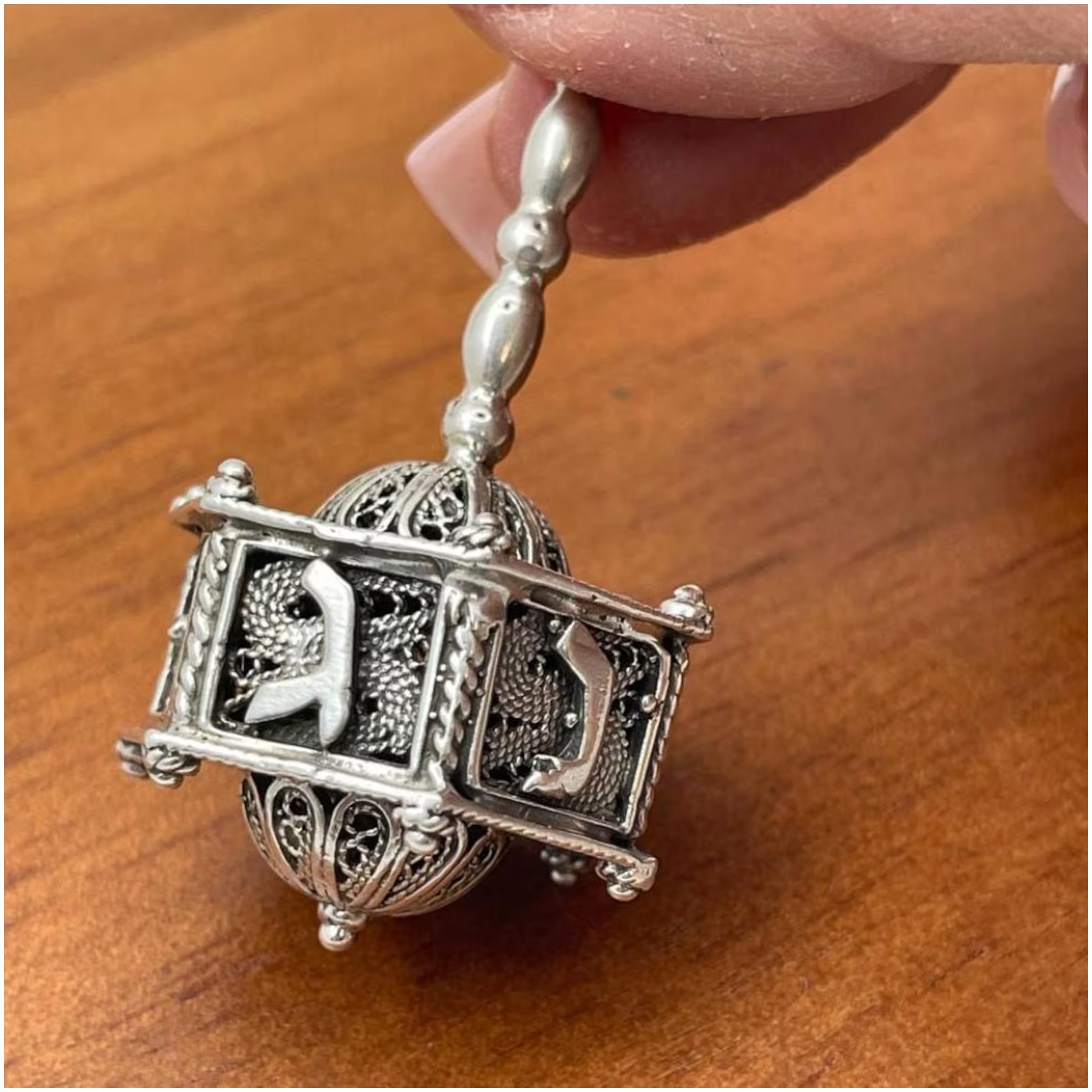 3D Hexagon Filigree Art Jewish Yemenite Dreidel with Hebrew Letter Hanukkah Gift