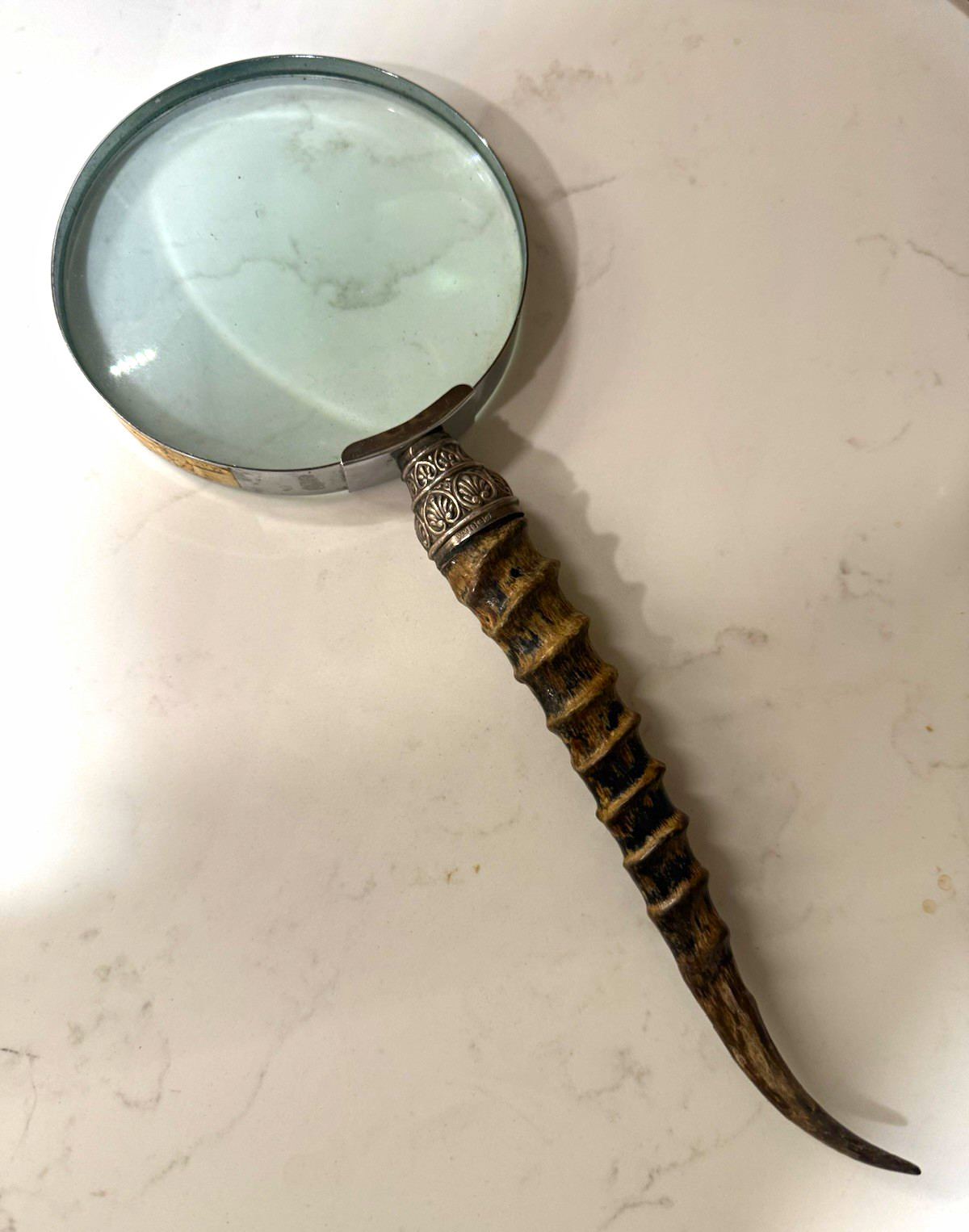 1902 WWH Sheffield Sterling Silver Antler Magnifying Glass 5” Lens Edwardian