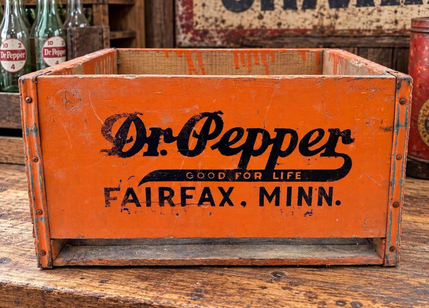 Rare Vintage Orange DR PEPPER SODA POP Fairfax MN BOTTLE WOOD CRATE CARRIER