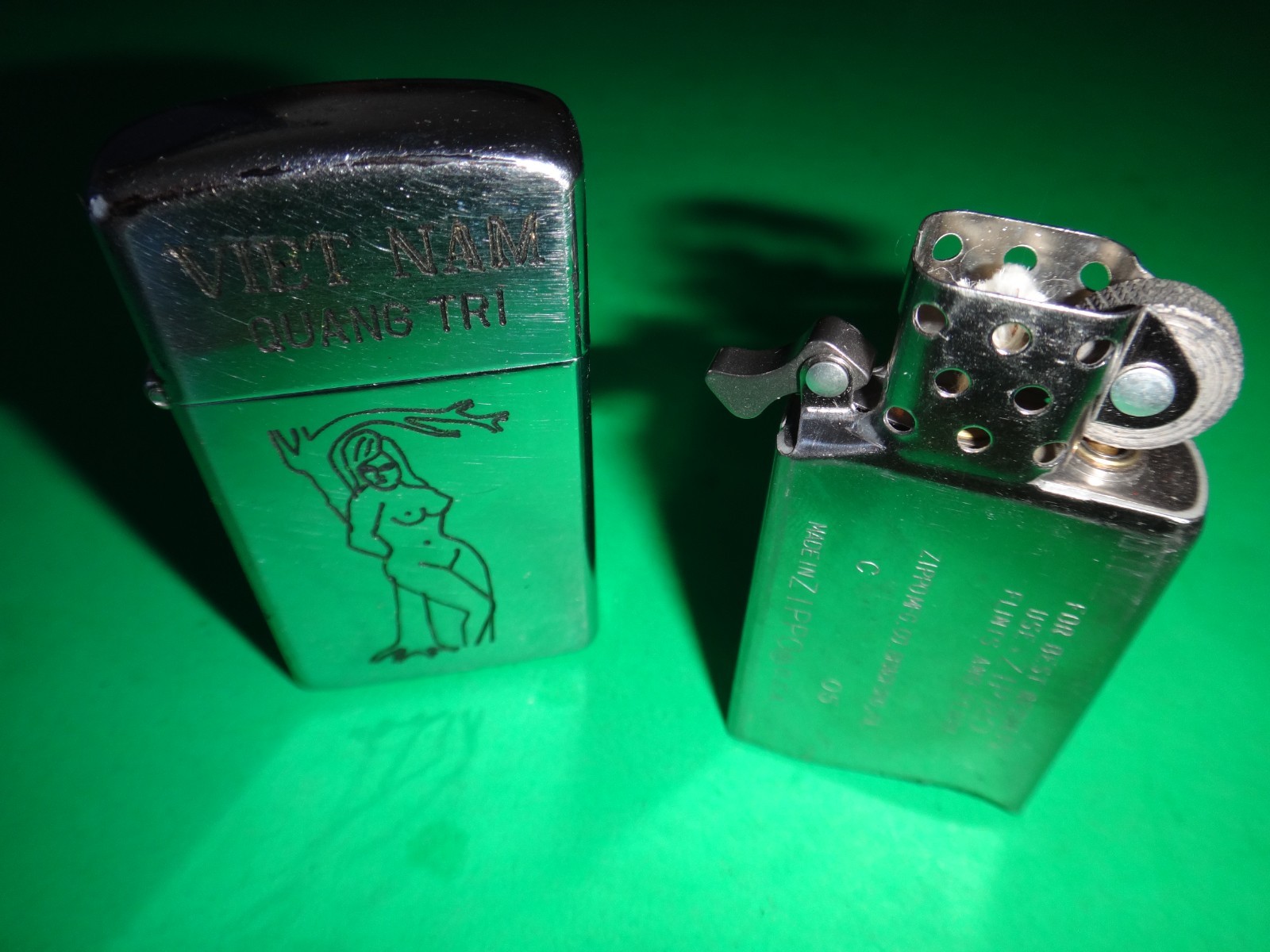 Zippo Slim Lighter VIETNAM QUANG TRI and NUDE LADY Standing by a Tree Logo