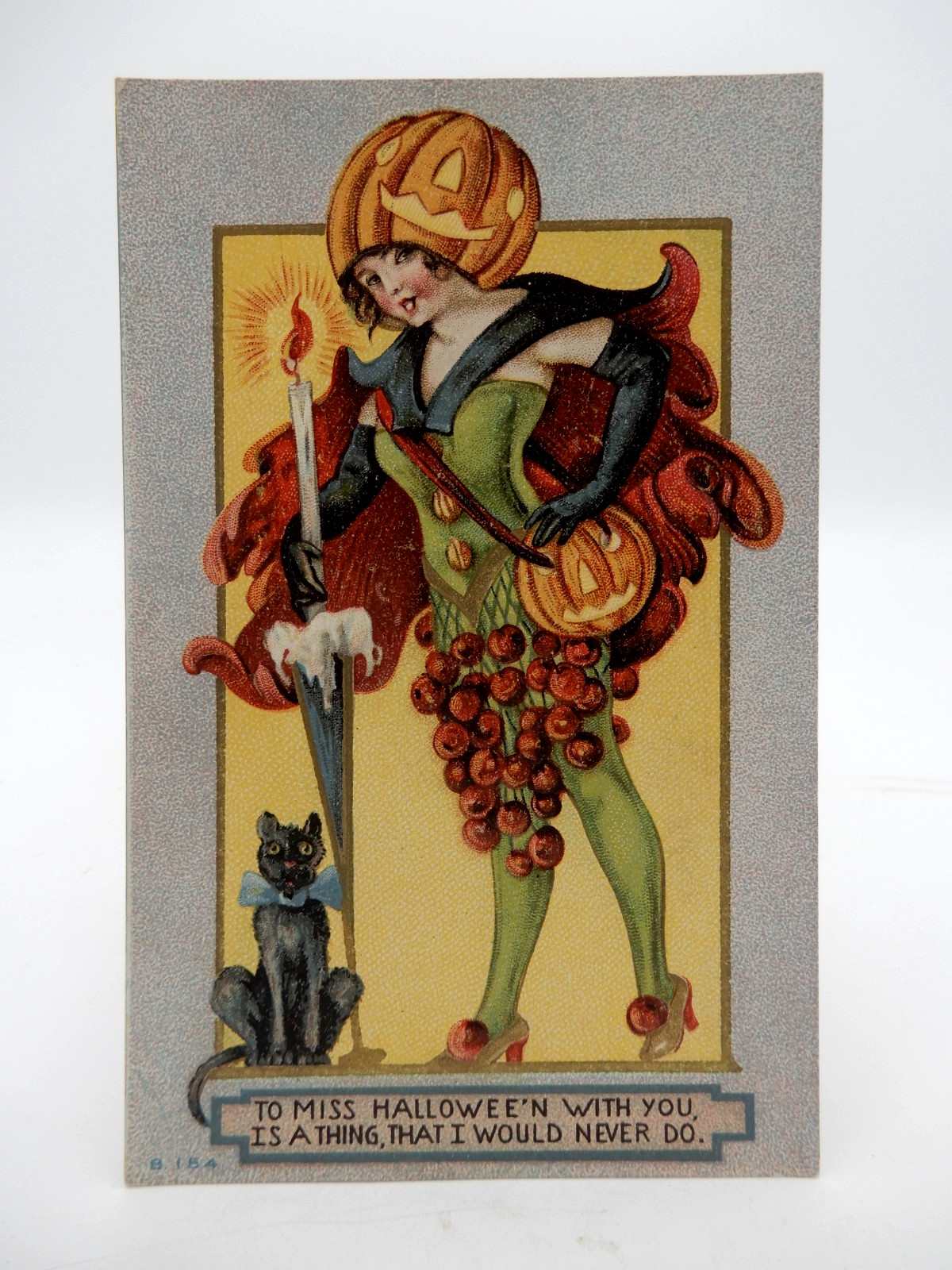 Rare Halloween Postcard JOL Lady with Candle, Black Cat Mint