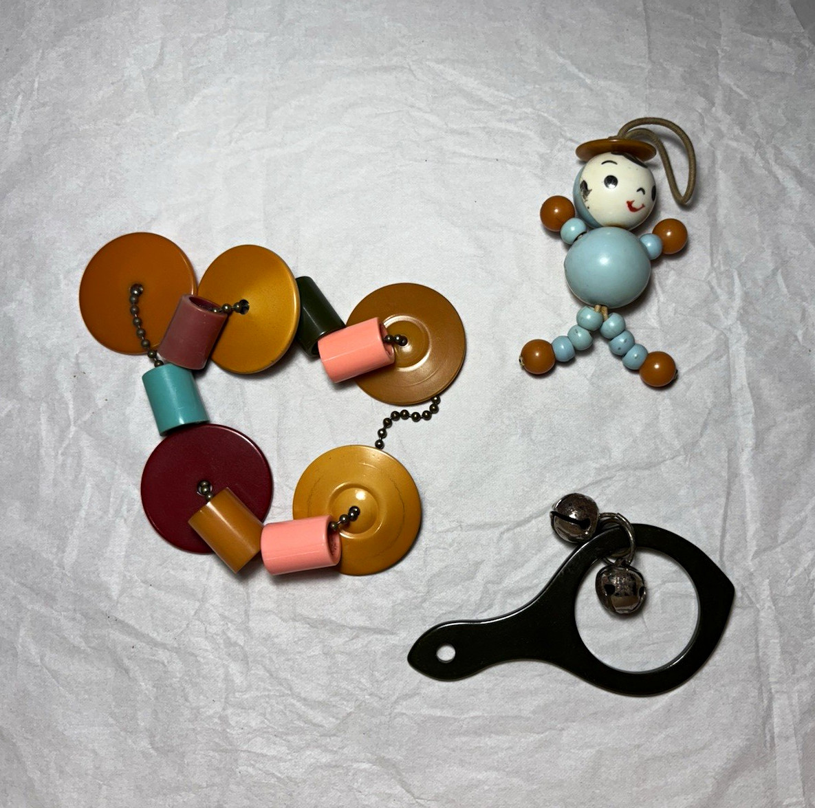 Vintage Antique Tykie Toys Crib Toys Lot- Bakelite Celluloid Doll, rattle, beads