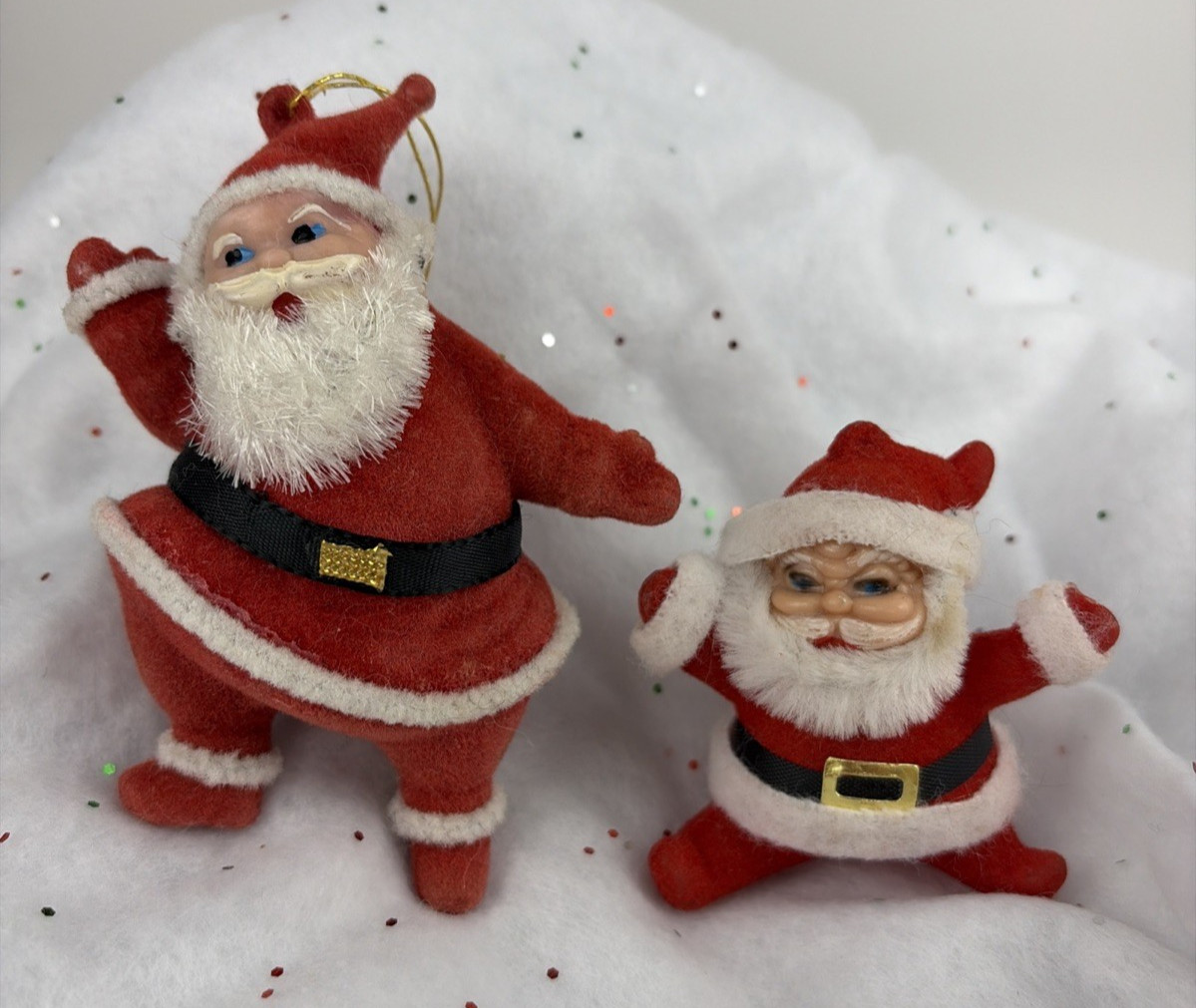 2 Vintage Santa Claus Flocked Ornaments Red MCM Dancing Merry 4\