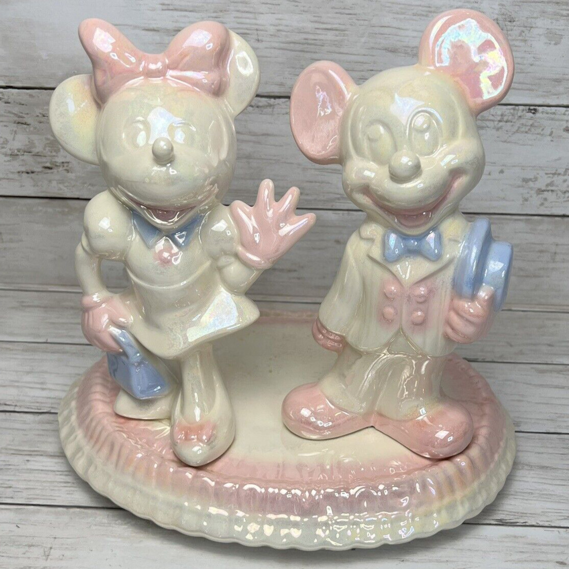 Walt Disney Corp Mickey & Minnie Mouse On Stage Ceramic Pink Blue Iridescent VTG