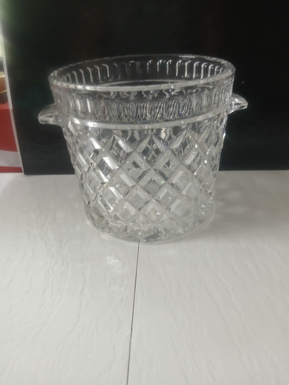 Vtg Crystal Glass Ice Bucket Diamond Petite Handles Antique Style Bar Display