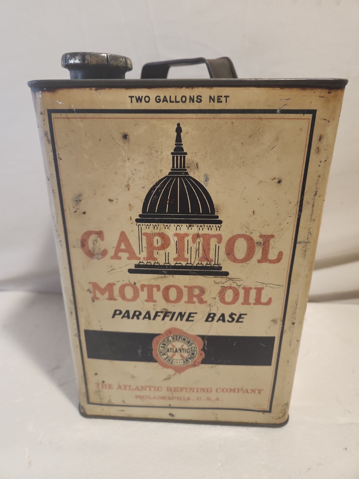 1920\'s Capitol Motor Oil 2 Gallon Adv. Can Atlantic Fried Egg Logo Original Cap