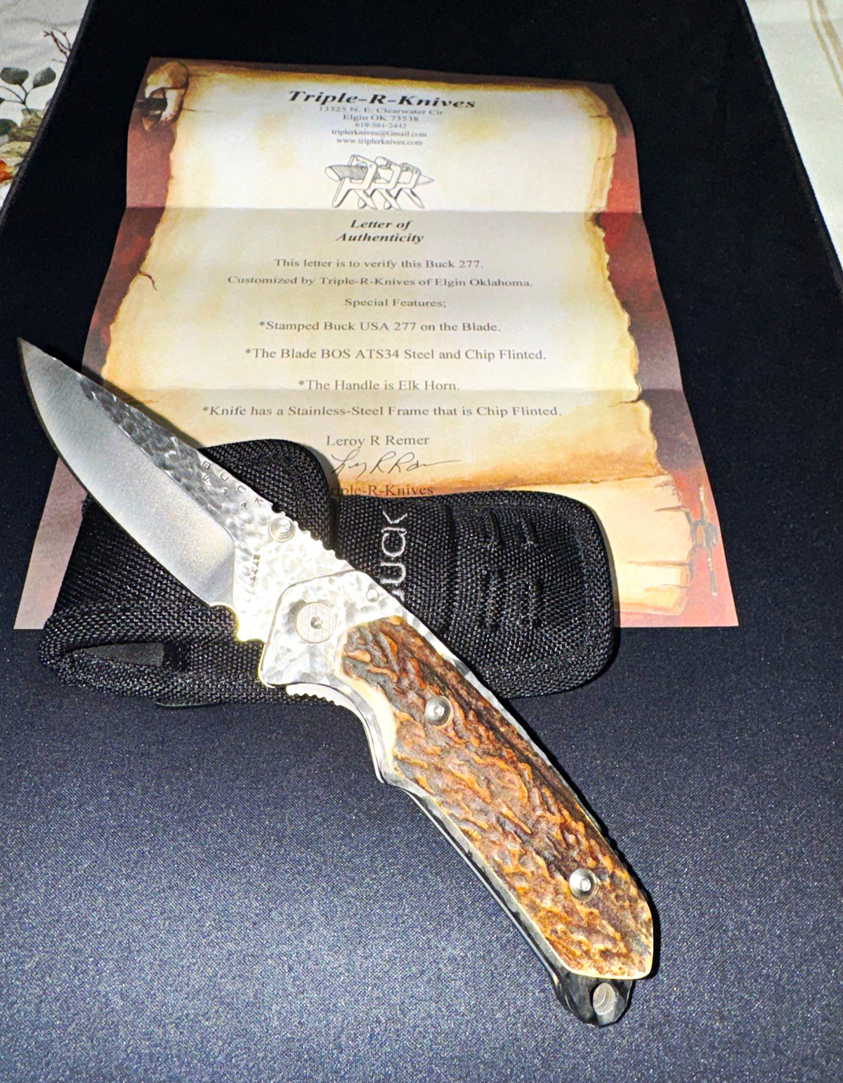 Buck 277 Triple-R-Knives Custom ATS-34 Elk Horn Alpha Hunter Folding Chip-Flint 