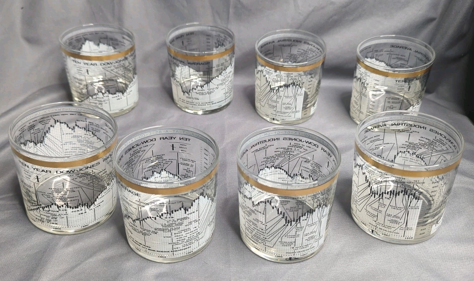 Vintage Set of 8 Cera Glass Dow-Jones Industrial Average 1958-68 Lowball Glasses